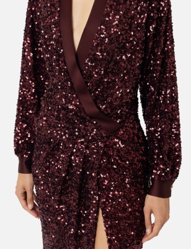 Abito red carpet in paillettes con inserti in raso rouge noir