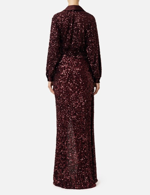 Abito red carpet in paillettes con inserti in raso rouge noir