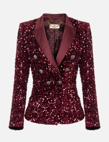 Chenille double-breasted jacket embroidered with sequins rouge noir