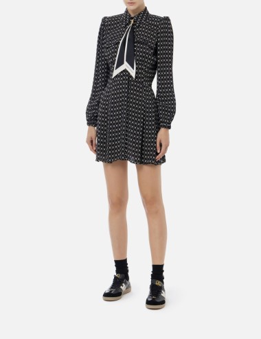 Diamond print georgette mini-dress with foulard black/butter