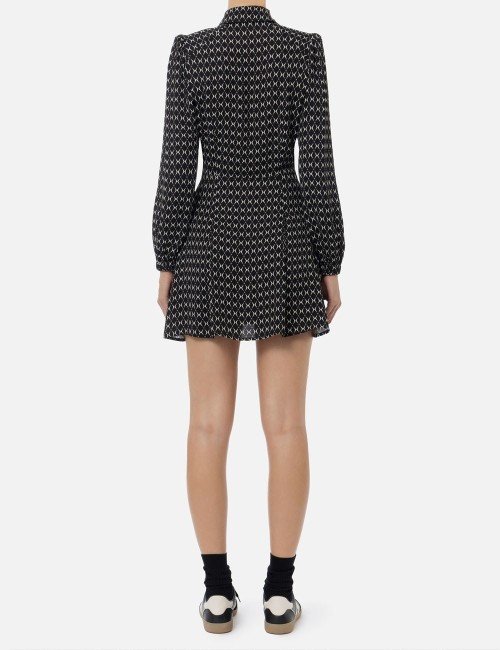 Miniabito in georgette stampa rombo con foulard nero/burro