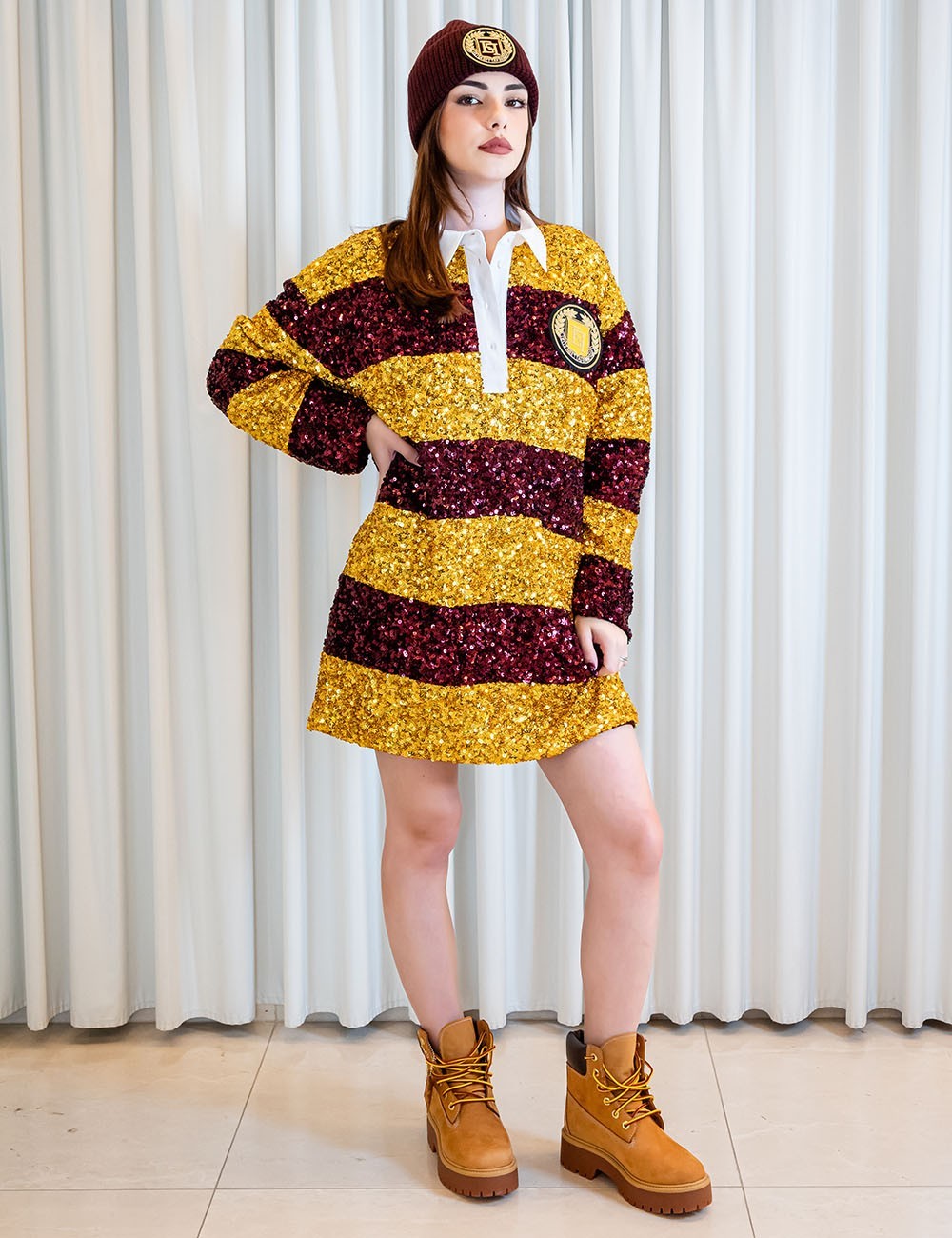 Striped sequin mini-dress with shirt collar Mimosa/Rouge noir