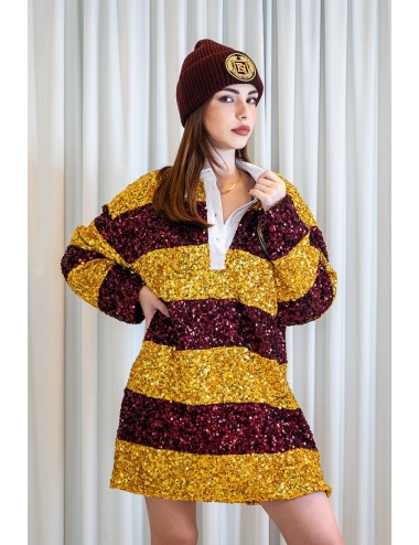 Miniabito in paillettes a righe con colletto a camicia Mimosa/Rouge noir