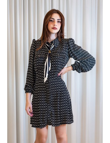 Diamond print georgette mini-dress with foulard black/butter