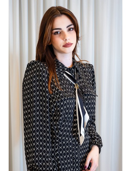 Miniabito in georgette stampa rombo con foulard nero/burro