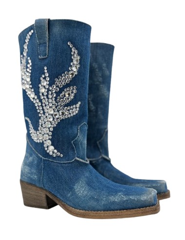 Texano jeansato con applicazioni in Swarovski blu