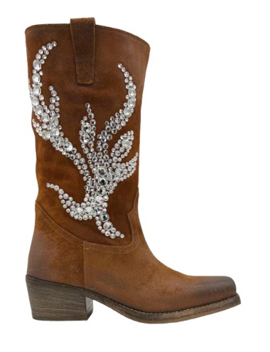 Texano scamosciato con applicazioni in Swarovski vintage tabacco