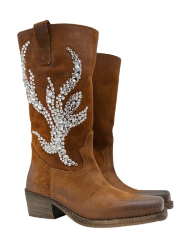 Texano scamosciato con applicazioni in Swarovski vintage tabacco