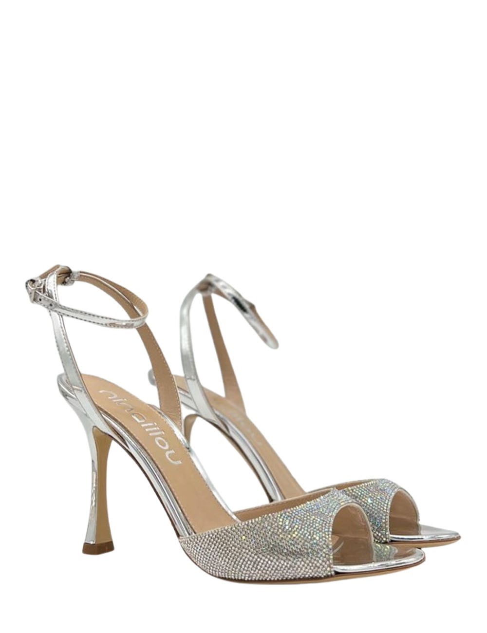 Sandalo alto specchio con strass argento