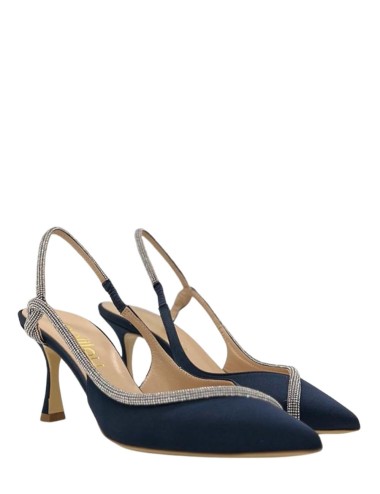 Slingback in raso con tacco con strass blu