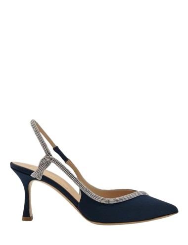 Slingback in raso con tacco con strass blu