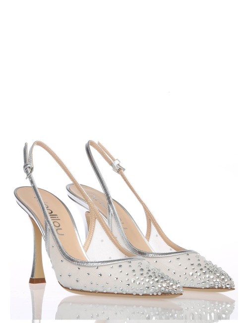 Slingback MYA in nappa laminata con punta in rete e strass argento