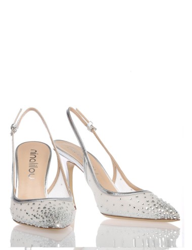 Slingback MYA in nappa laminata con punta in rete e strass argento