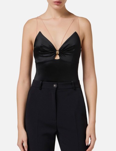 Body in lycra con spalline in tulle nero