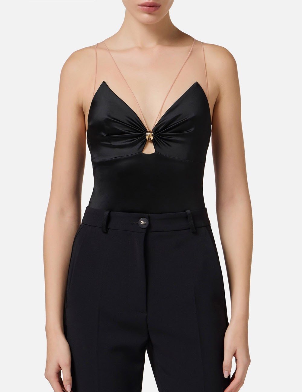 Body in lycra con spalline in tulle nero