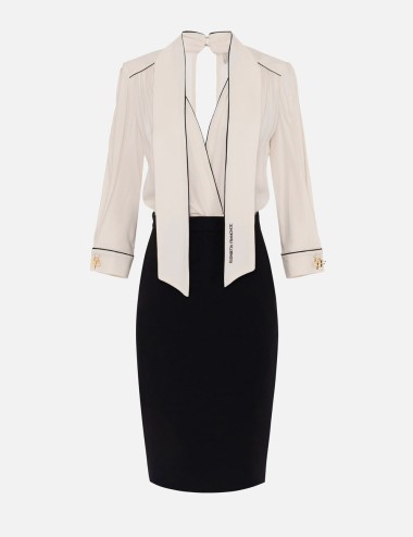 Dress in georgette and crêpe fabrics with piping butter black