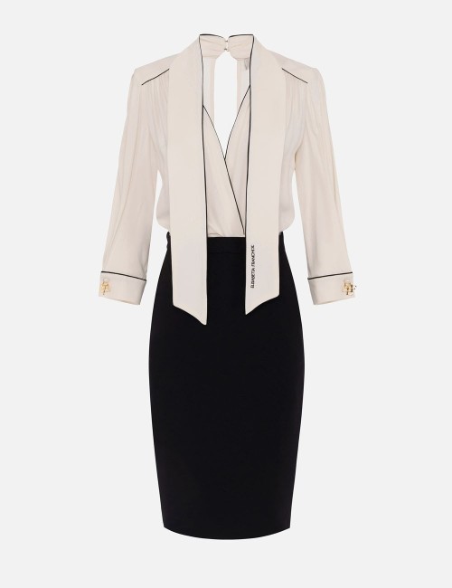 Dress in georgette and crêpe fabrics with piping butter black
