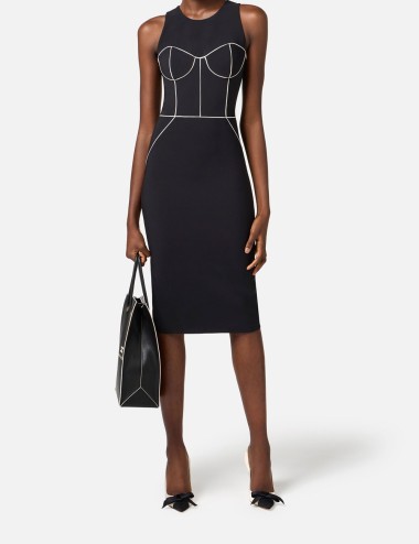 Sheath dress in crêpe fabric with contrasting piping black butter