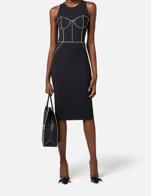 Sheath dress in crêpe fabric with contrasting piping black butter