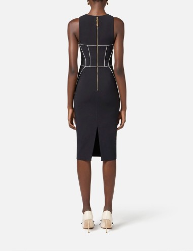 Sheath dress in crêpe fabric with contrasting piping black butter