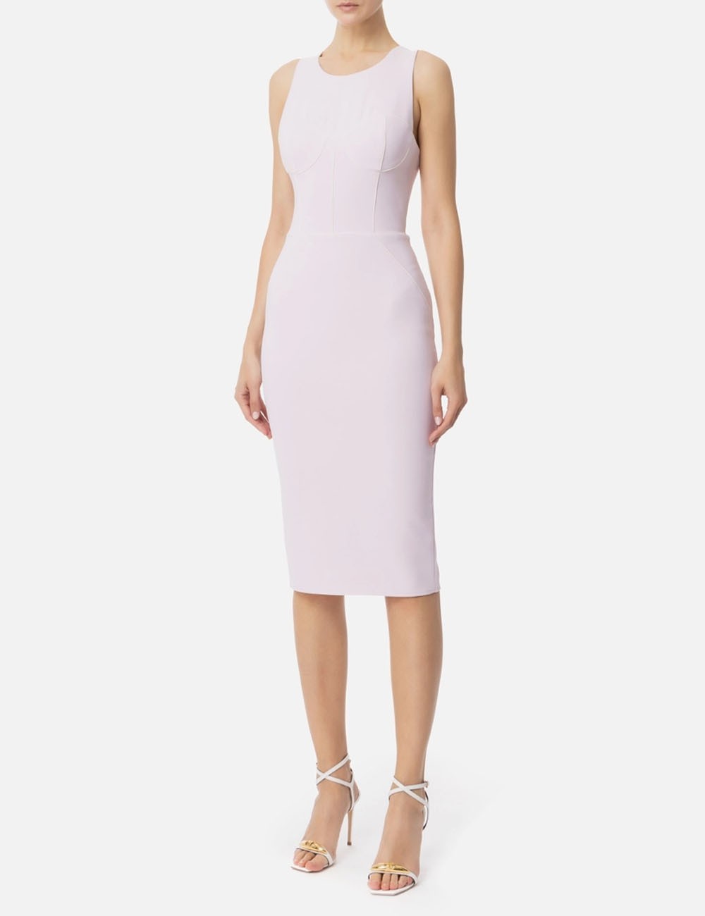 Sheath dress in crêpe fabric with contrasting piping quartz butter