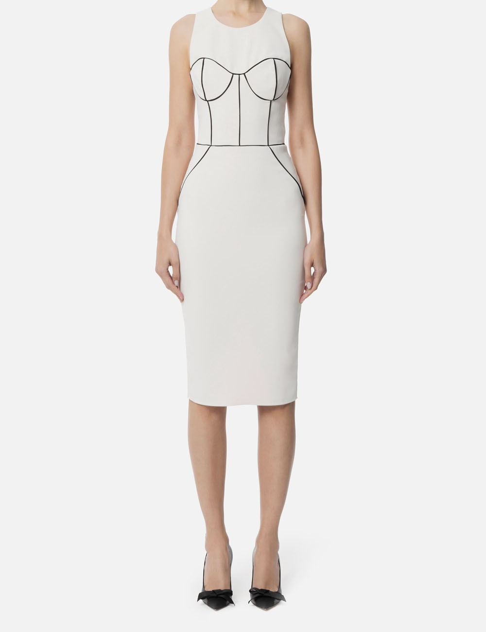 Sheath dress in crêpe fabric with contrasting piping butter black