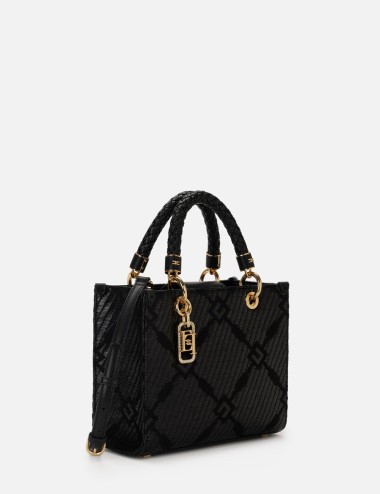 Tote piccola in jacquard con charms nera