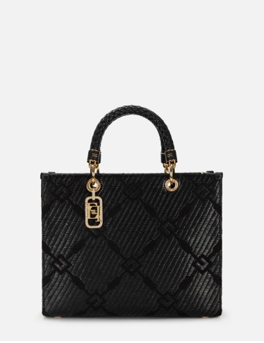 Tote media in jacquard con charms nera