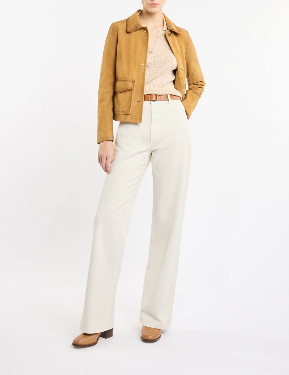 Giacca Cropped in Pelle Scamosciata cammello