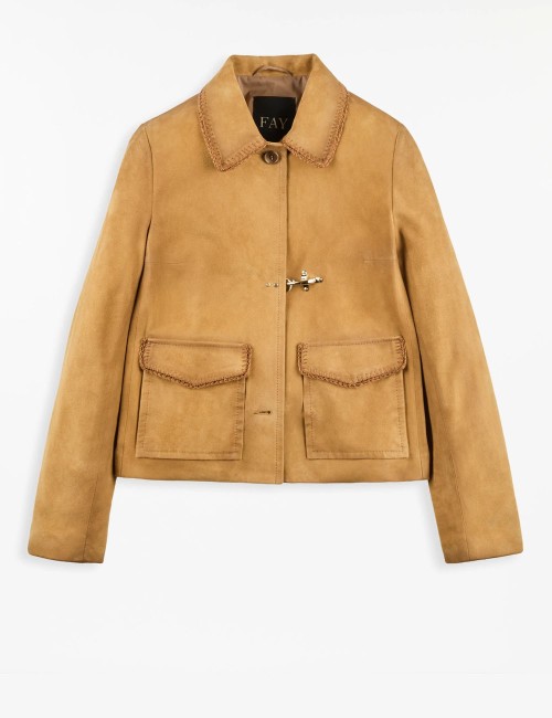 Giacca Cropped in Pelle Scamosciata cammello