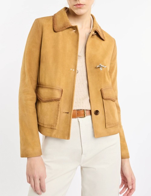 Giacca Cropped in Pelle Scamosciata cammello