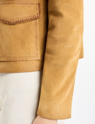 Giacca Cropped in Pelle Scamosciata cammello