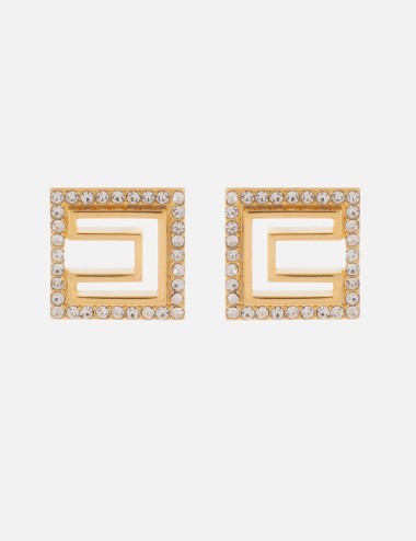 Micro orecchini squadrati in ottone con logo e strass oro giallo