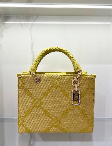 Small tote bag in jacquard fabric with charms curry