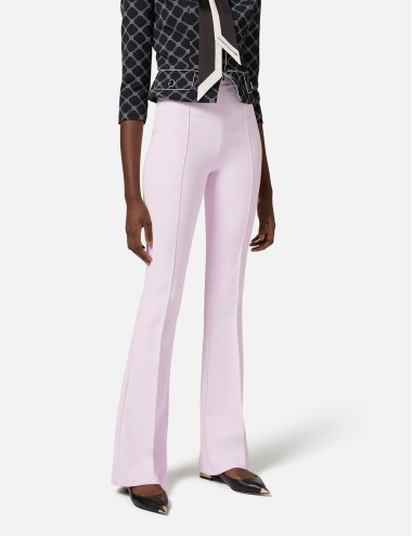 Crêpe bell-bottom trousers with logo plaque Quartz