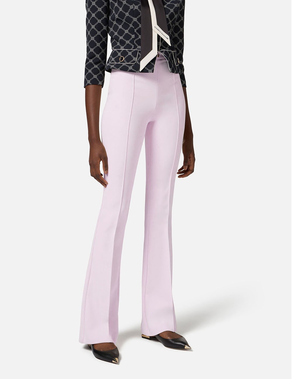 Crêpe bell-bottom trousers with logo plaque Quartz