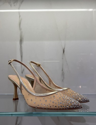 Slingback MYA in nappa laminata con punta in rete e strass platino