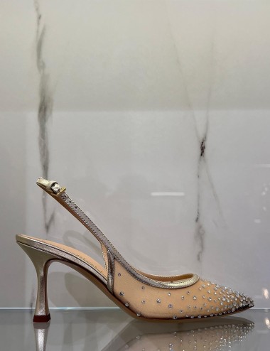 Slingback MYA in nappa laminata con punta in rete e strass platino
