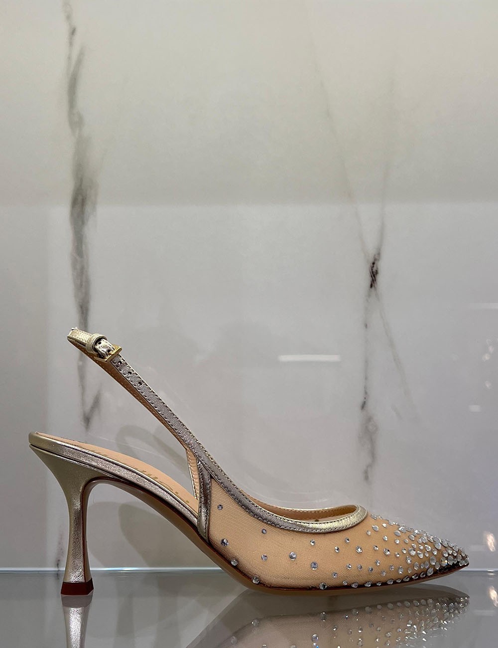 Slingback MYA in nappa laminata con punta in rete e strass platino