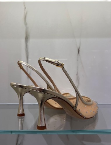 Slingback MYA in nappa laminata con punta in rete e strass platino