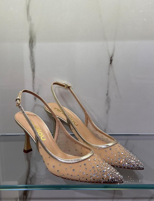 Slingback MYA in nappa laminata con punta in rete e strass platino