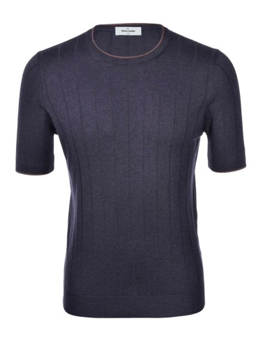 T-SHIRT IN MAGLIA A COSTE IN SETA BLU MARRONE