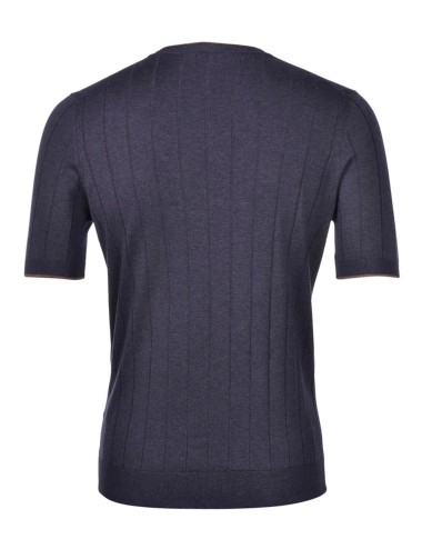 T-SHIRT IN MAGLIA A COSTE IN SETA BLU MARRONE
