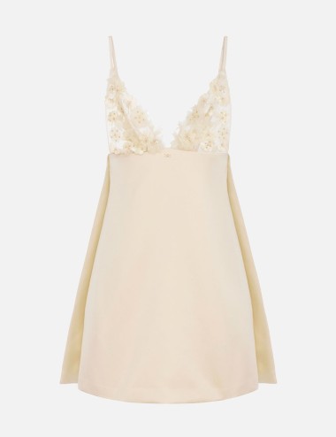 Dress in duchesse satin with 3D flowers lemonade