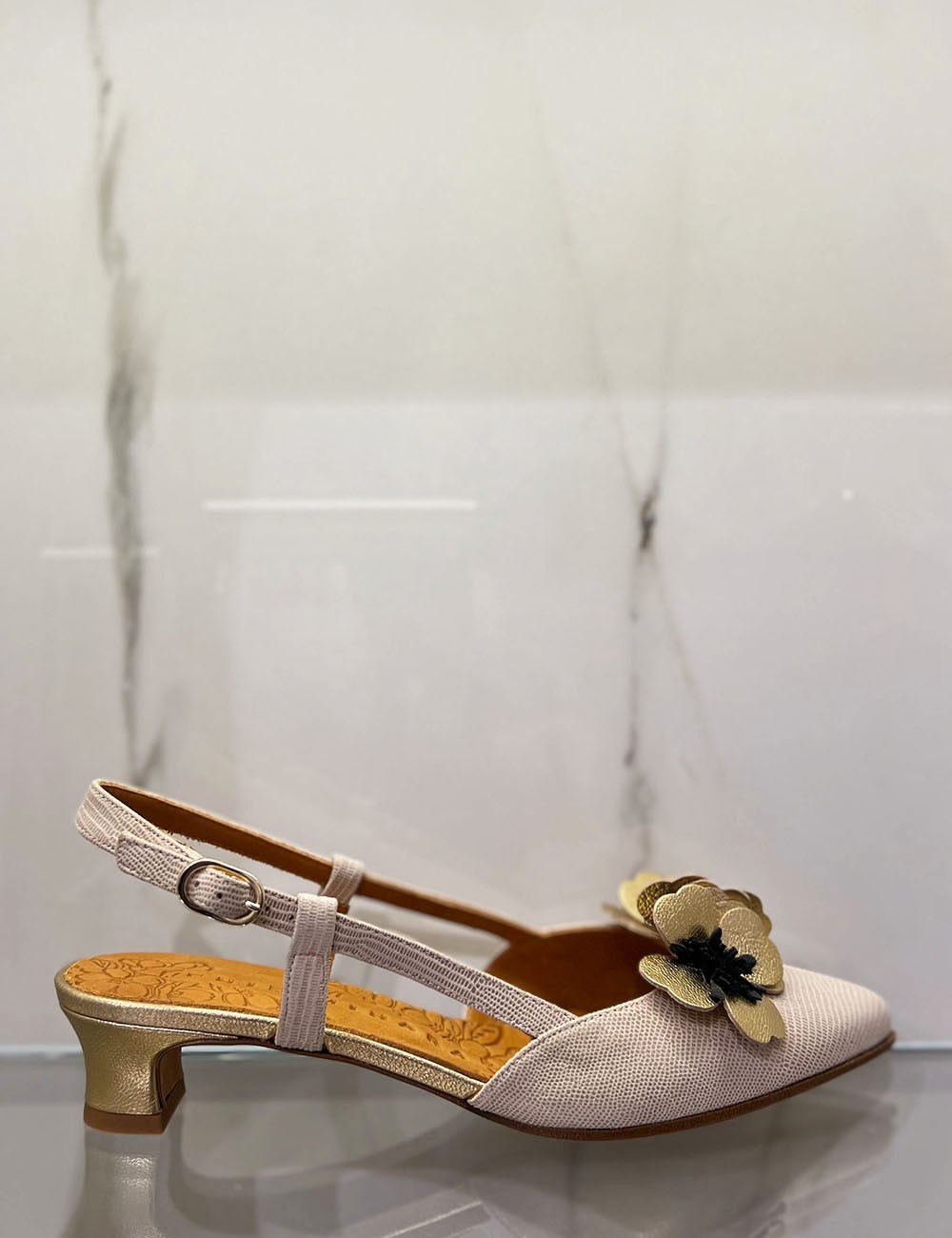 Slingback BRI-HAZEL avorio con fiori oro