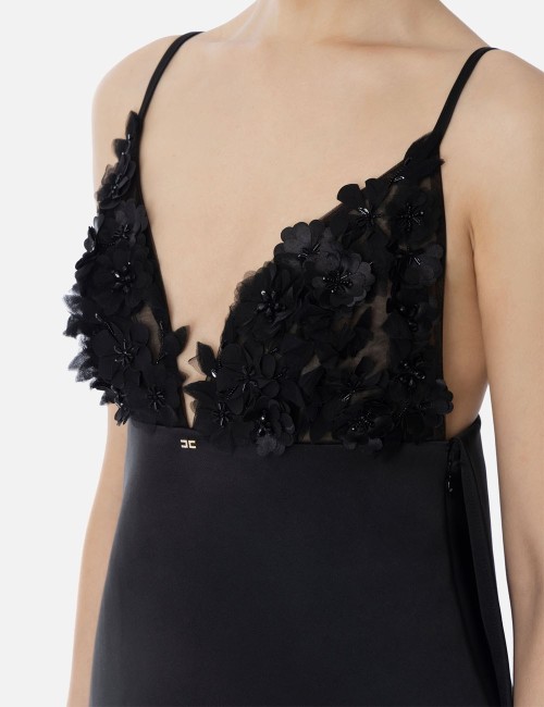 Dress in duchesse satin with 3D flowers black