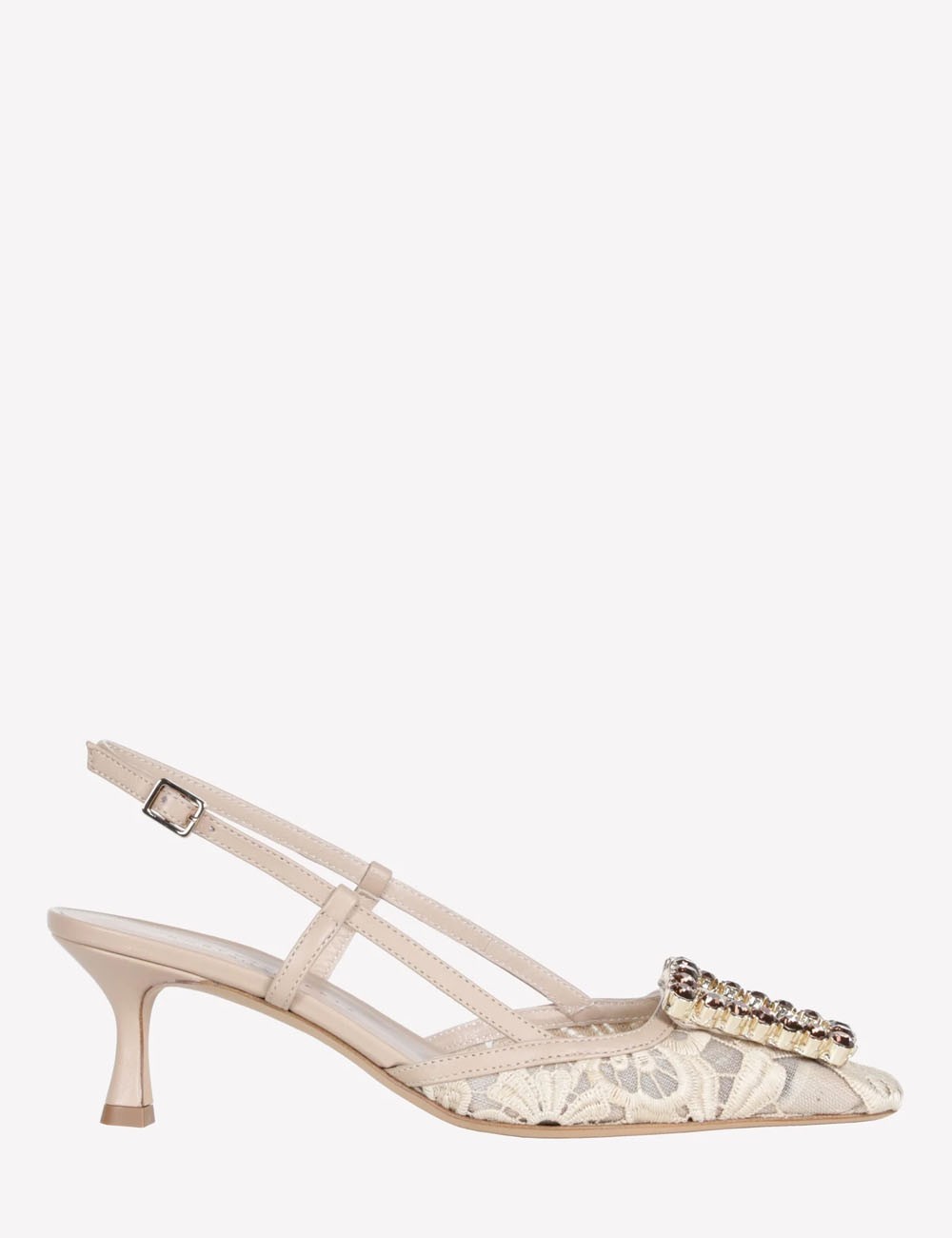 Slingback VITTORIA in macramè e tulle con fibbia cristallo beige