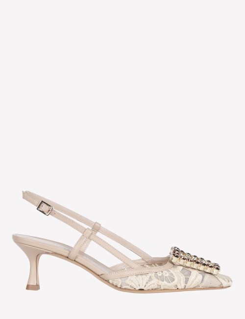 Slingback VITTORIA in macramè e tulle con fibbia cristallo beige
