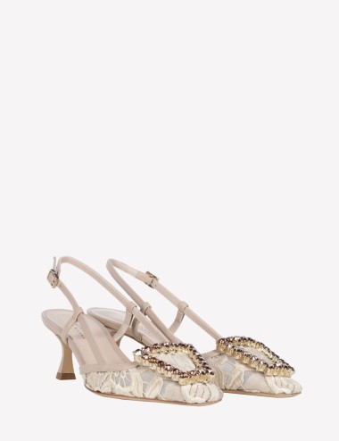 Slingback VITTORIA in macramè e tulle con fibbia cristallo beige