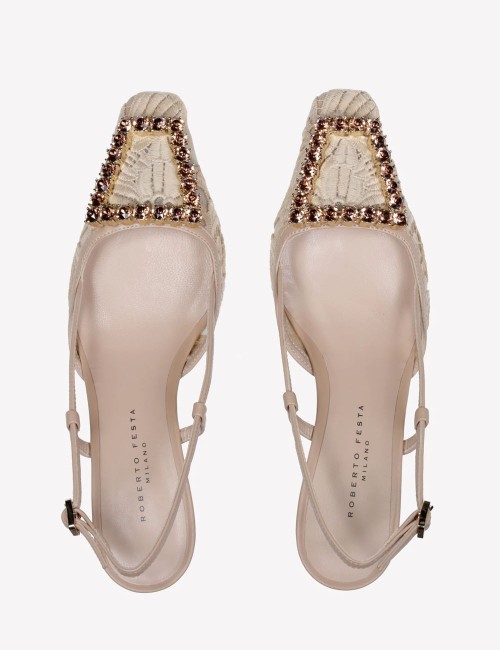 Slingback VITTORIA in macramè e tulle con fibbia cristallo beige